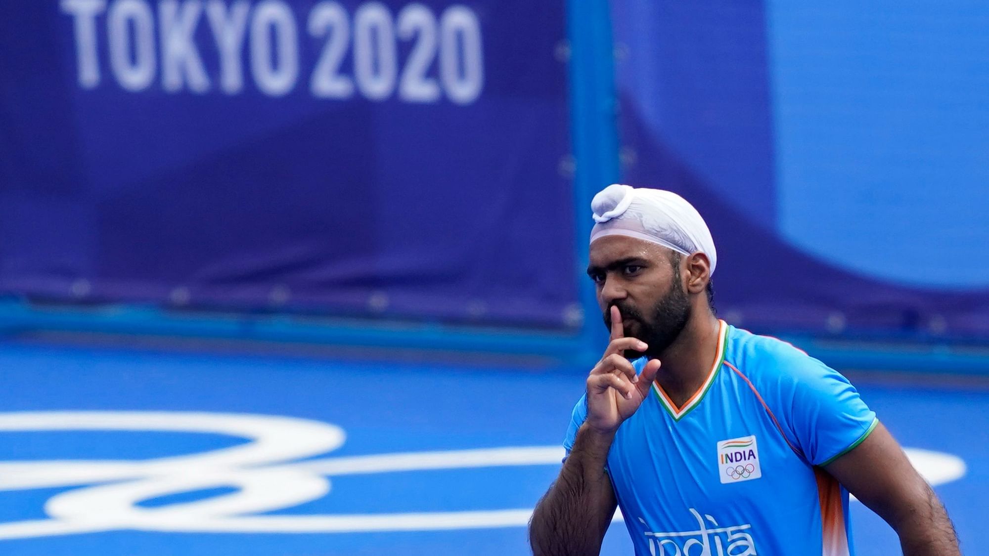<div class="paragraphs"><p>Simranjeet Singh after scoring against Spain at the 2020 Tokyo Olympics.</p></div>