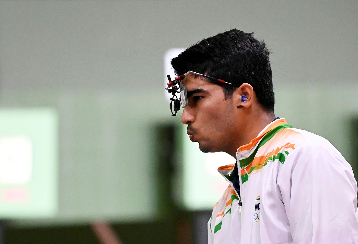 <div class="paragraphs"><p>India's Saurabh Chaudhary reacts during the 10m Air Pistol Mixed Team event, at the Summer Olympics 2020, in Tokyo, Tuesday, July 27, 2021.</p></div>