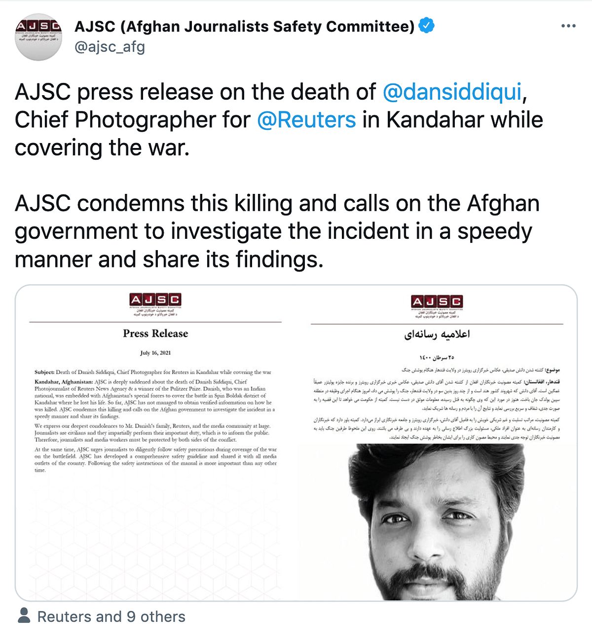 The United Nations said Danish Siddiqui's death was a painful reminder of dangers faced by the media in Afghanistan.