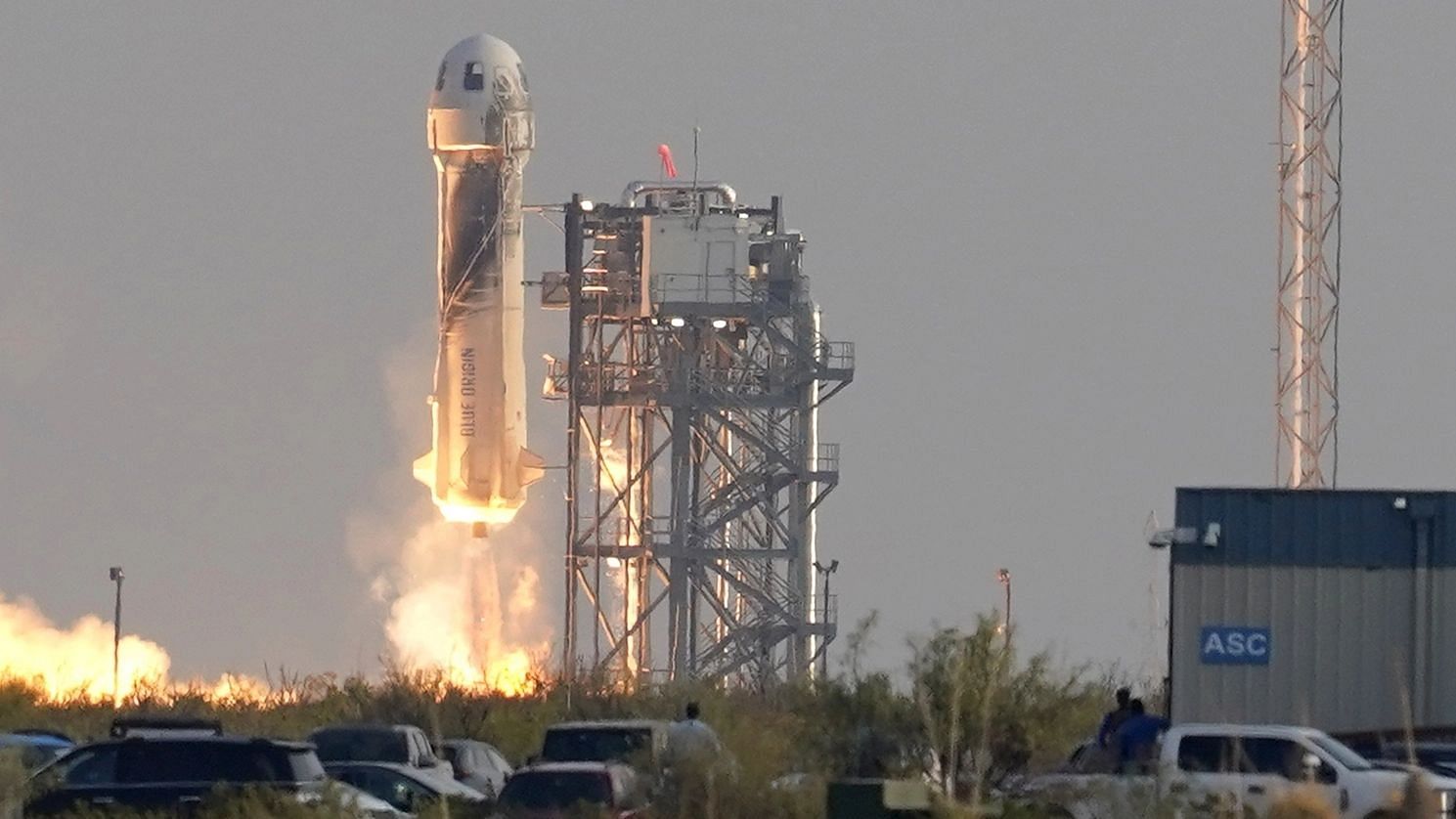 <div class="paragraphs"><p>Blue Origins New Shepard rocket launches carrying passengers Jeff Bezos, founder of Amazon and space tourism company Blue Origin, brother Mark Bezos, Oliver Daemen and Wally Funk, from its spaceport near Van Horn, Texas, Tuesday, 20 July.</p></div>
