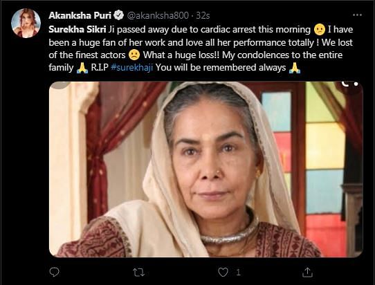 Divya Dutta, Manoj Bajpayee, and others also expressed their condolences for Surekha SIkri. 