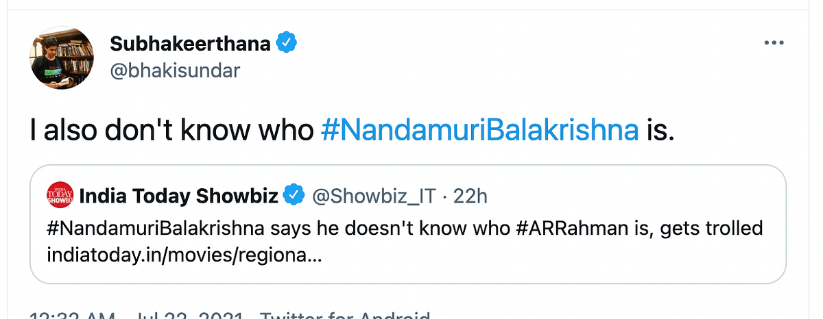 "I don't care who AR Rahman is", Nandamuri Balakrishna said in an interview.