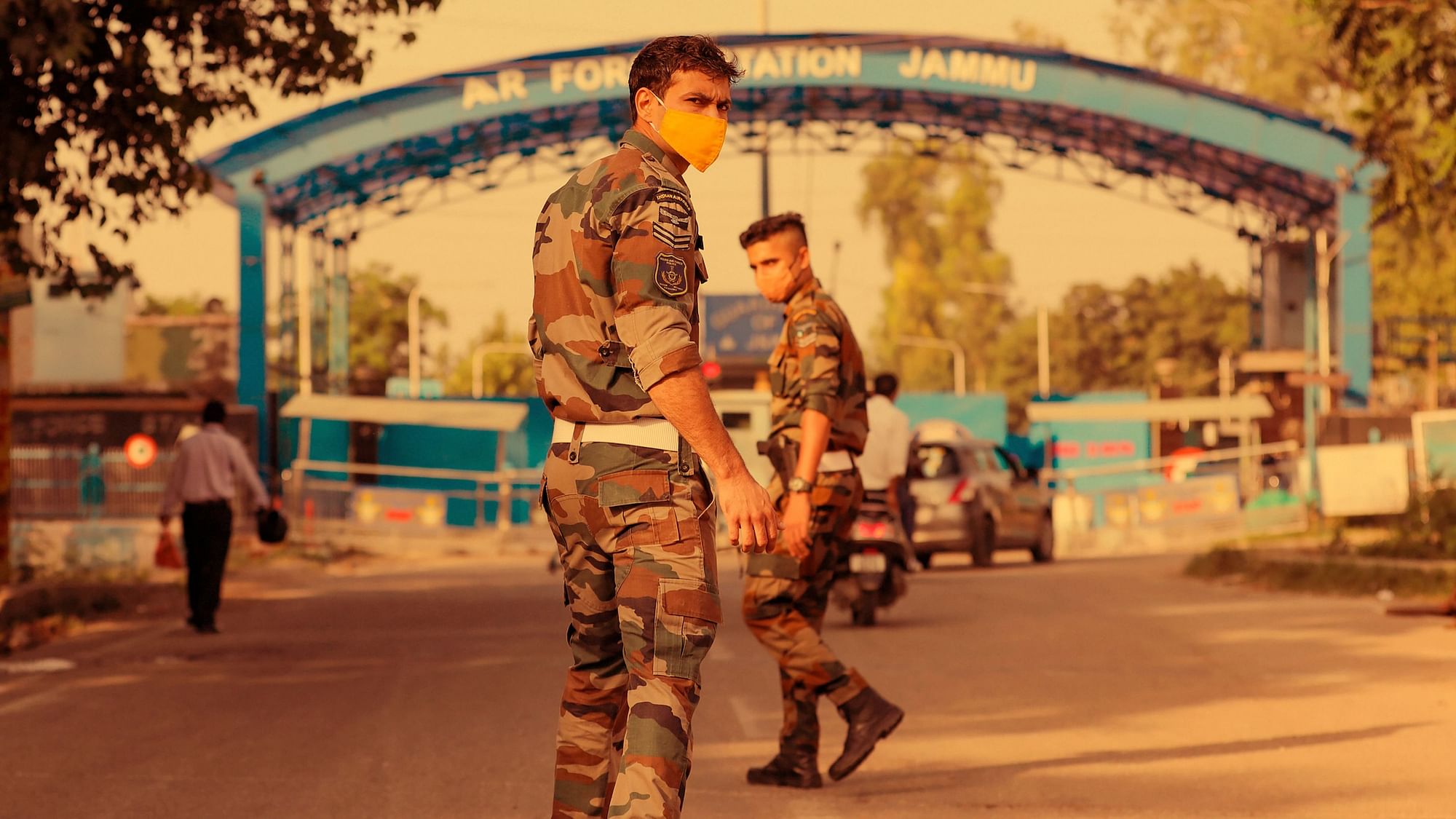 <div class="paragraphs"><p>Security personnel patrol after two low-intensity explosions reported in the technical area of Jammu Air Force Station in the early hours of Sunday, 27 June.&nbsp;</p></div>