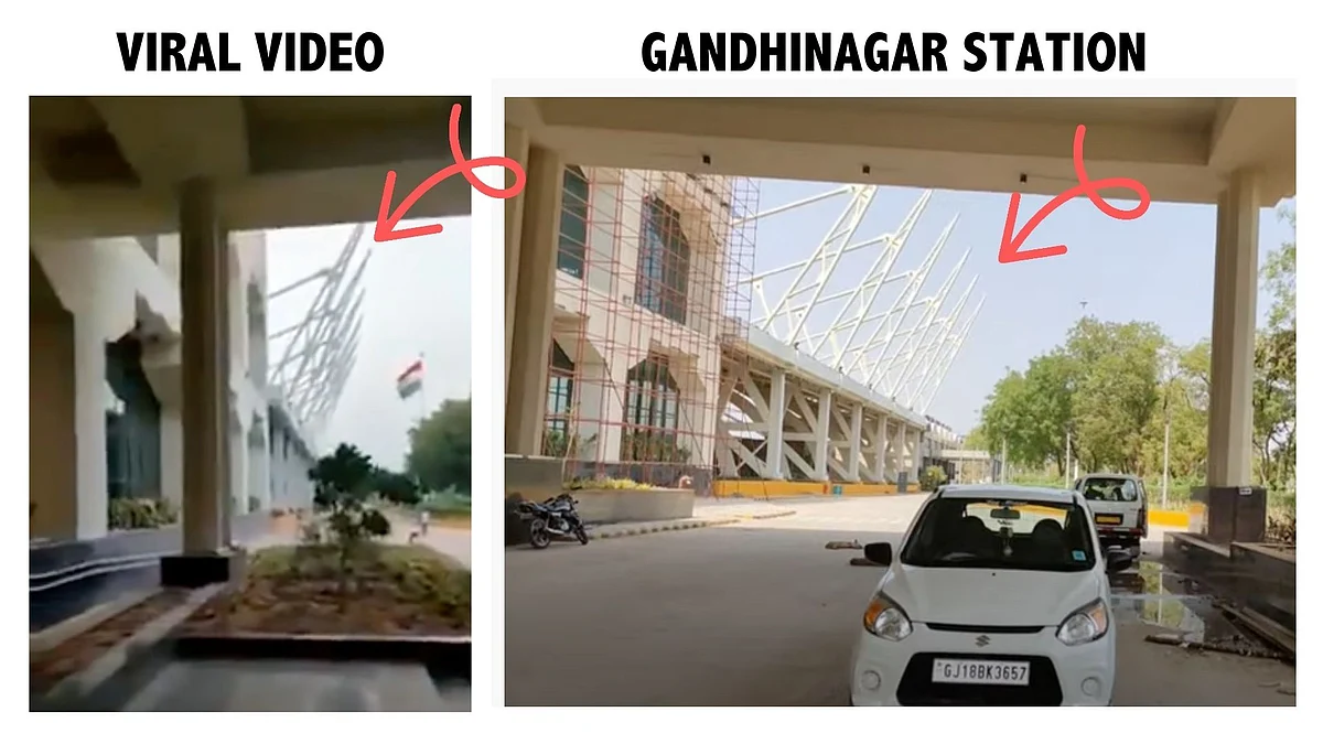 <div class="paragraphs"><p>Viral video (L), and screengrab from YouTube video of Gandhinagar railway station (R)</p></div>