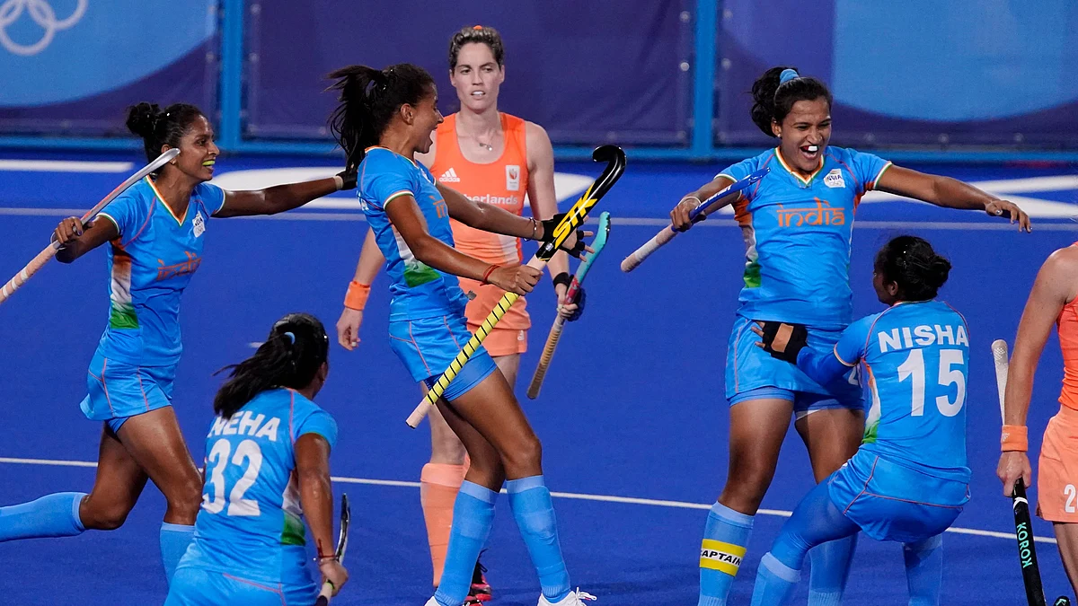 <div class="paragraphs"><p>Rani Rampal celebrates her goal.</p></div>