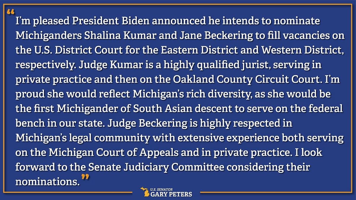 Biden administration nominated Indian American Shalina Kumar as a federal judge to the District Court of Michigan. 