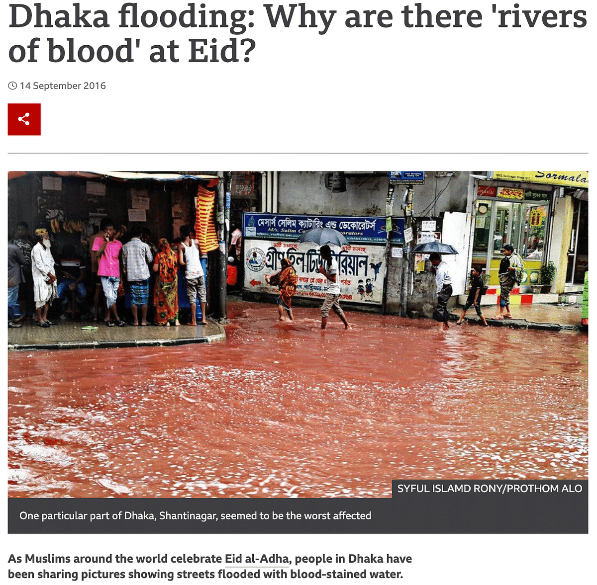 The image is from 2016 when rainwater mixed with the blood of slaughtered animals during Bakra Eid in Dhaka.
