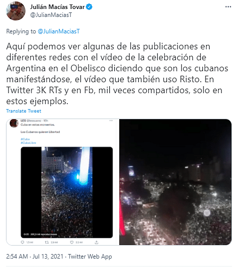 The video shows Argentinians celebrating their Copa America win in Buenos Aires and not the ongoing Cuban protests.