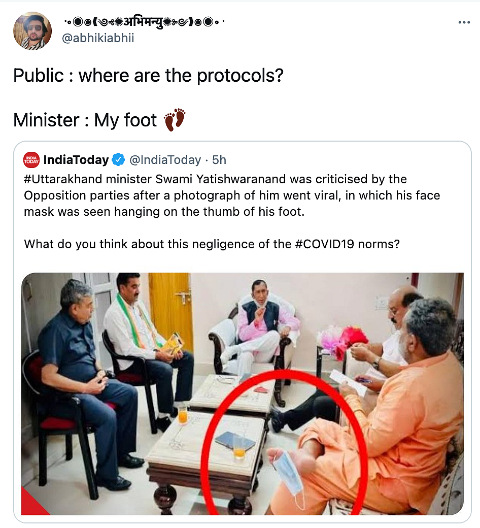 Picture of Uttarakhand Minister's Mask on His Toe Goes Viral, Twitter Reacts