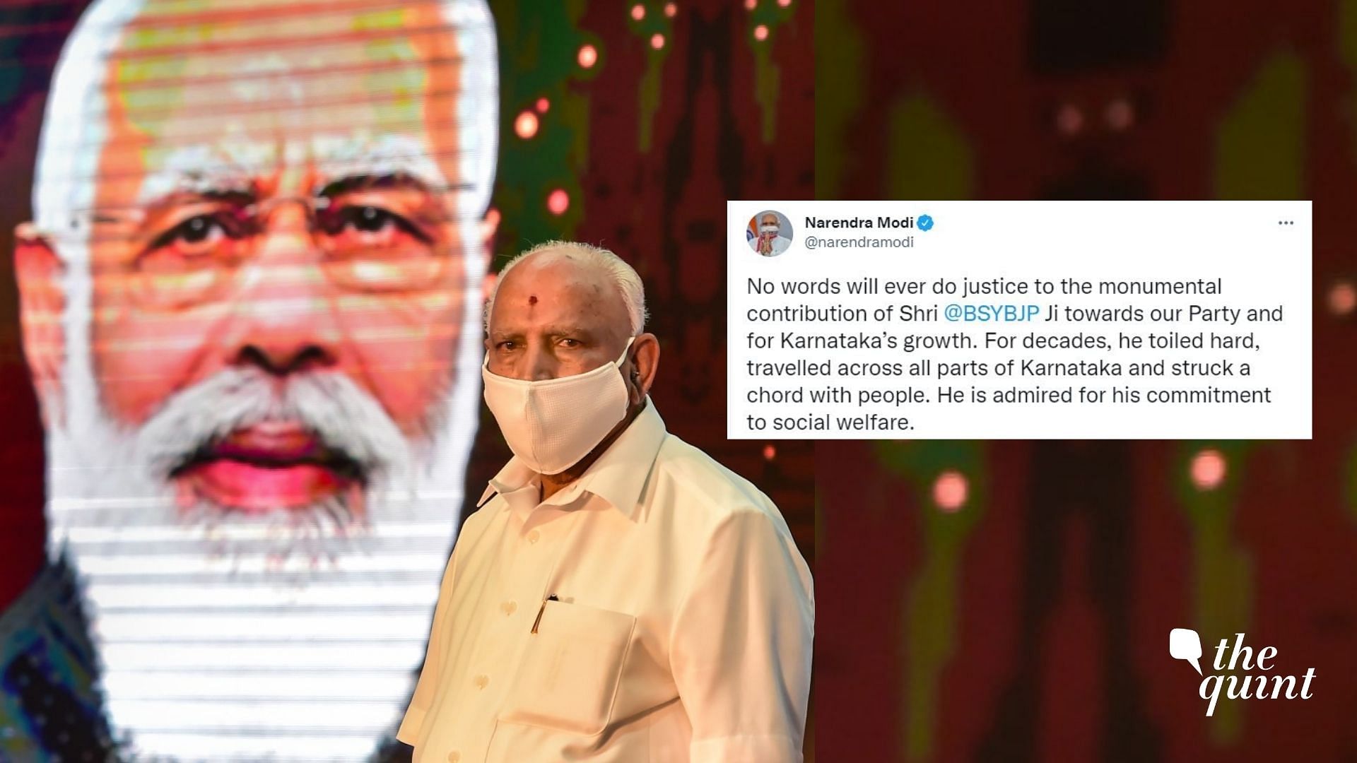 <div class="paragraphs"><p>PM Modi acknowledged the "monumental contribution" of BS Yediyurappa who stepped down from the post on Monday.</p></div>