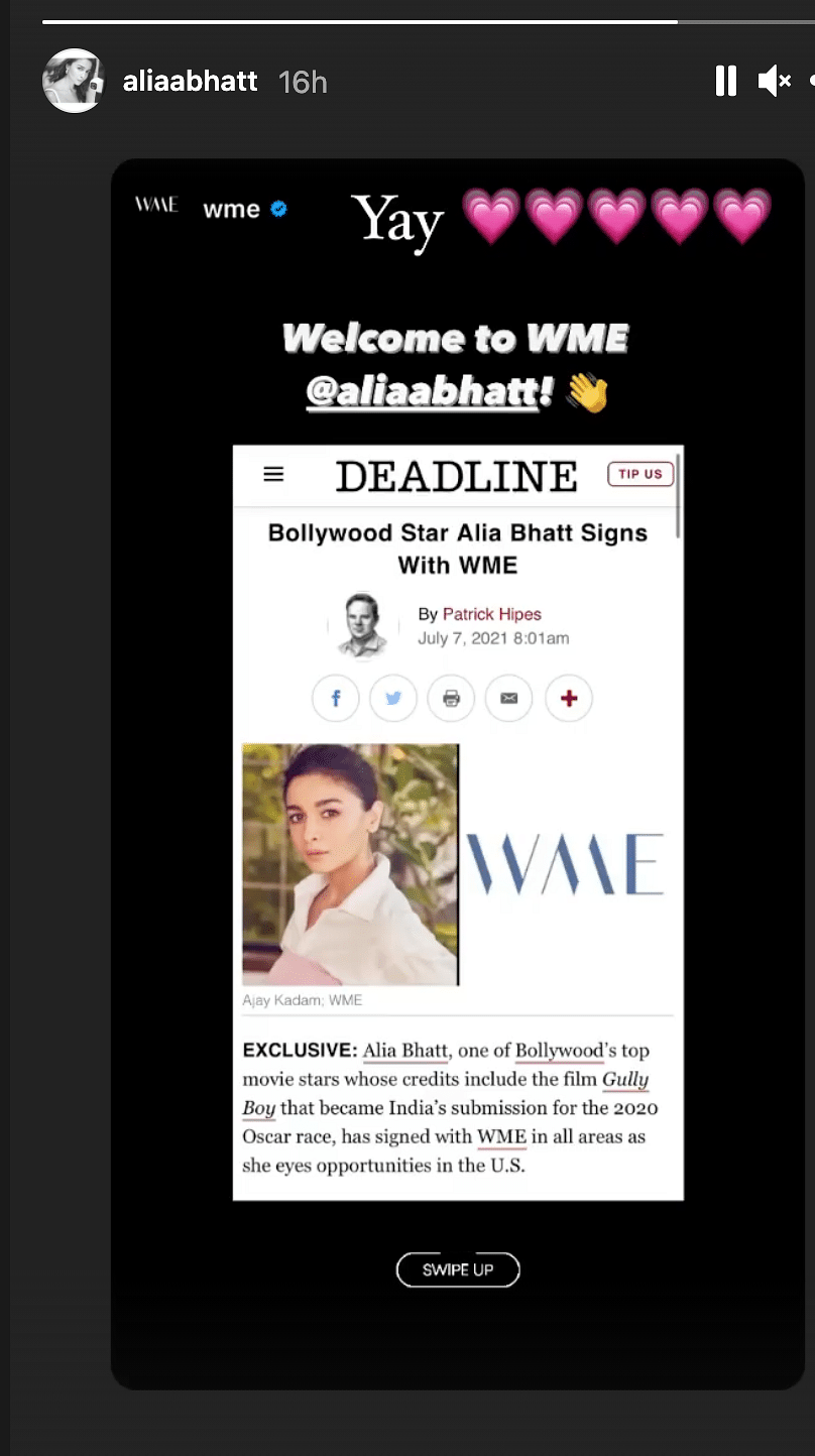 Alia Bhatt took to Instagram to respond to WME's welcome message. 