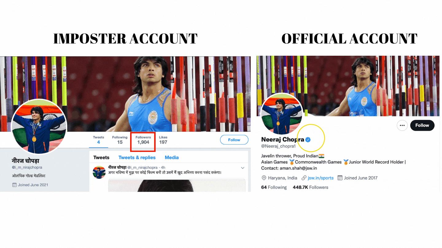 <div class="paragraphs"><p>Left: Imposter account. Right: Official account.</p></div>