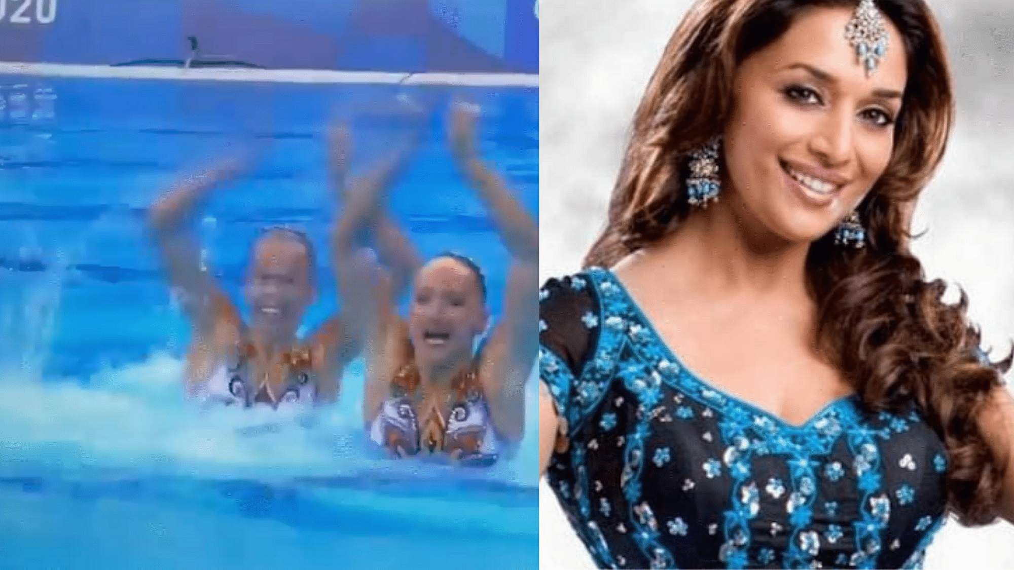 <div class="paragraphs"><p>Israel swimmers Eden Blecher and Shelly Bobritsky perform on Madhuri Dixit's Aaja Nachle for artistic swimming routine.</p></div>