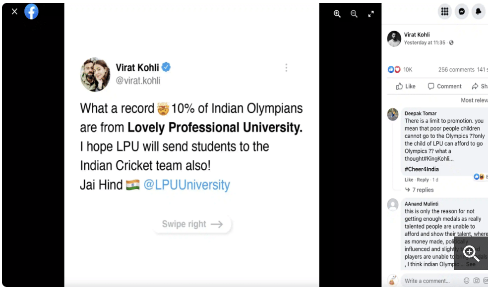 Virat Kohli had taken to social media to praise Lovely Professional University & its contribution to Olympics.