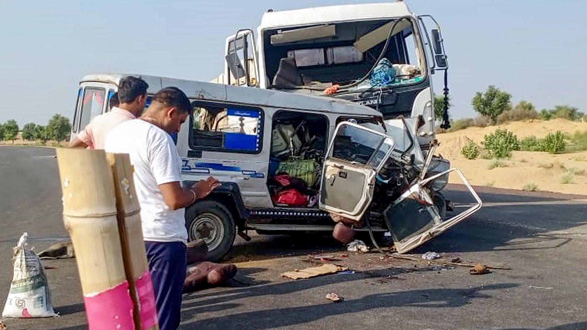 <div class="paragraphs"><p>Nagaur: Mangled remains of vehicles after an accident in which a truck collided with a jeep carrying pilgrims on NH-89, in Nagaur district, Tuesday, 31 August.  <br></p></div>