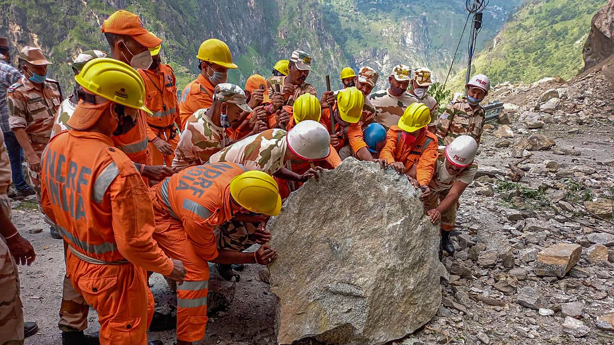 <div class="paragraphs"><p>National Disaster Response Force (NDRF) team during a rescue operation at the site of a landslide in Kinnaur district, Himachal Pradesh, on Wednesday, 11 August.</p></div>