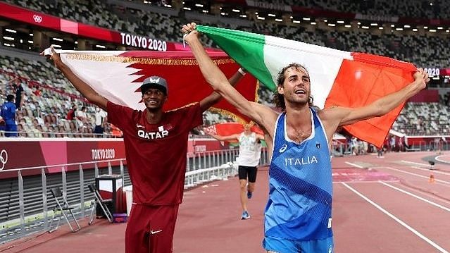 <div class="paragraphs"><p>Mutaz Essa Barshim of Qatar and Italian high jumper Gianmarco Tamberi celebrate sharing the High Jump Gold medal at the 2020 Tokyo Olympics.&nbsp;</p></div>