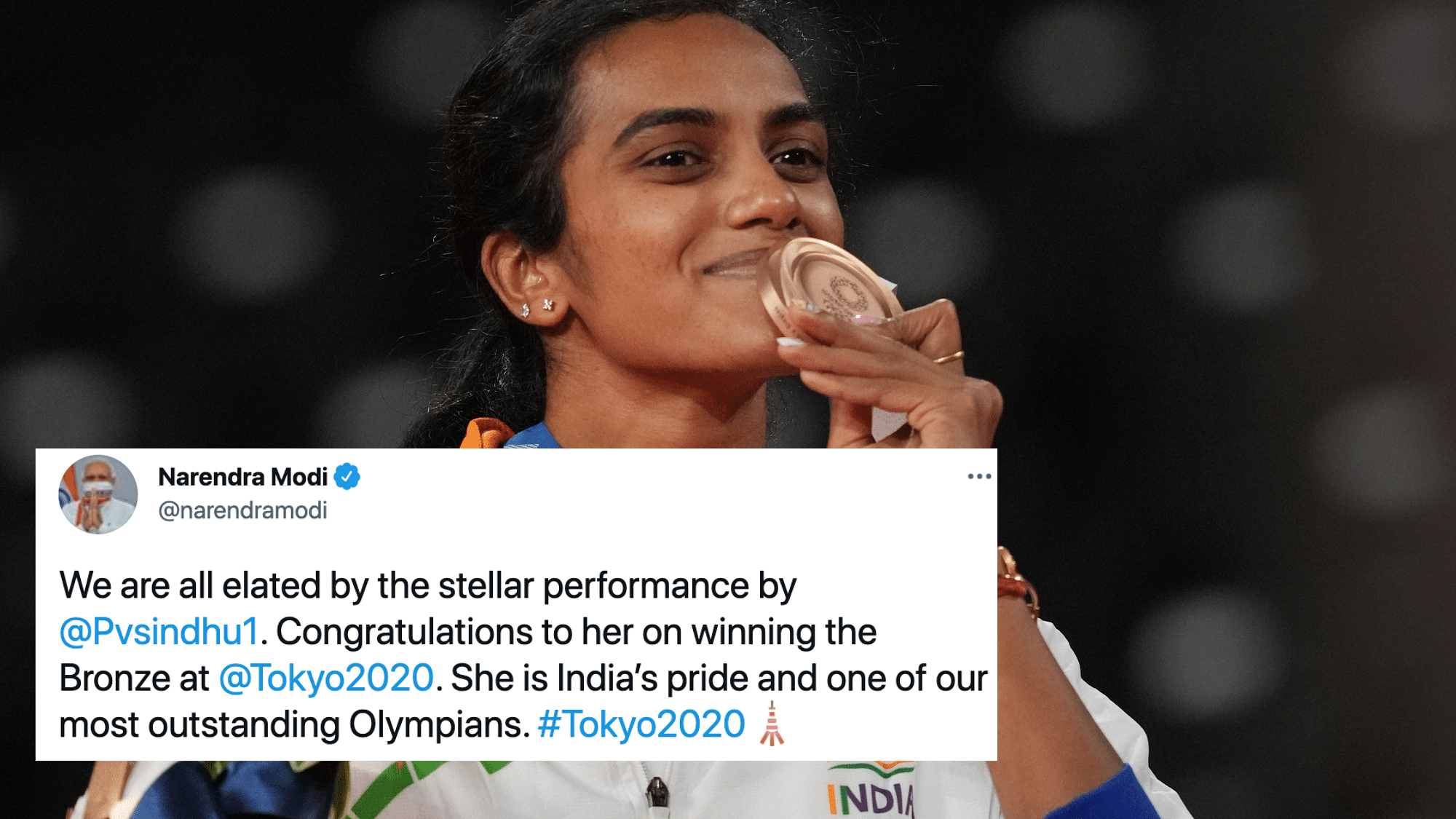 <div class="paragraphs"><p>PM Narendra Modi took to Twitter to congratulate PV Sindhu on her Olympic bronze in Tokyo.</p></div>