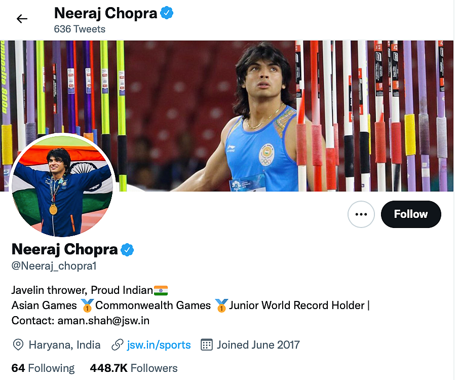 <div class="paragraphs"><p>Official handle of Neeraj Chopra.</p></div>