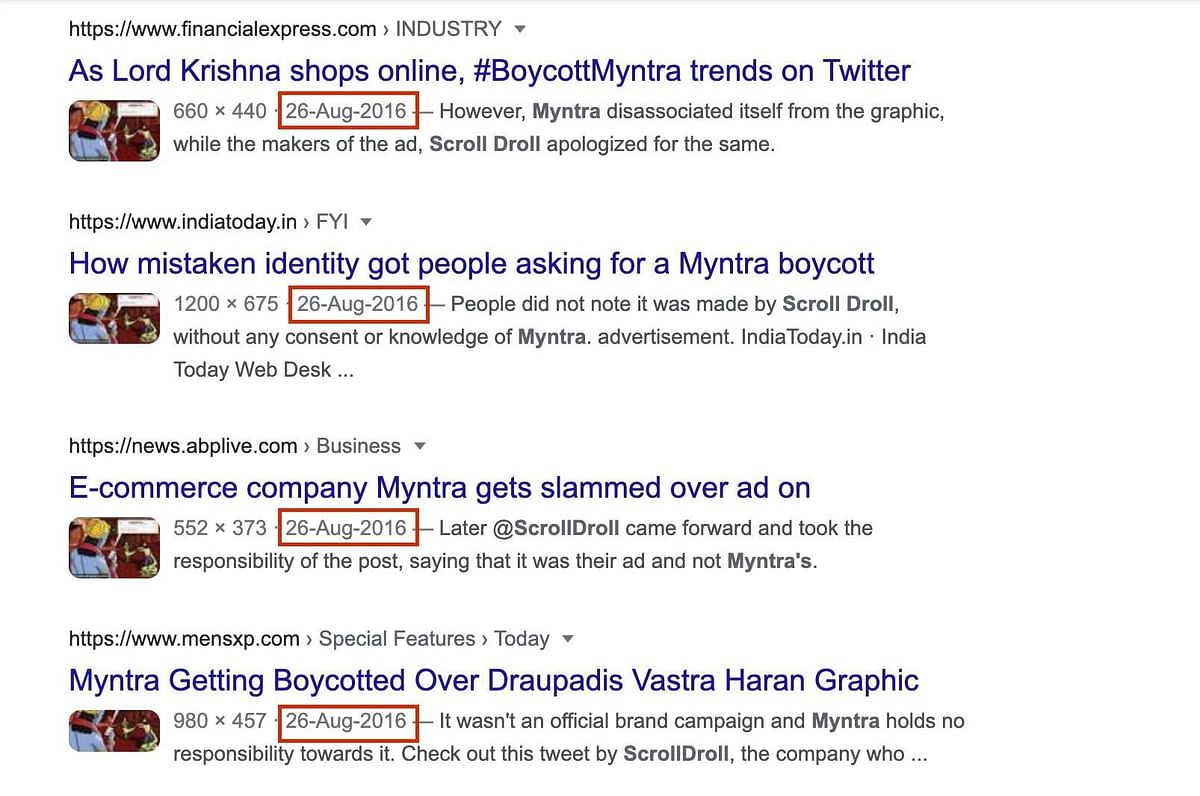 <div class="paragraphs"><p>We found news reports from 2016, when social media users called for Myntra's boycott over the graphic.</p></div>