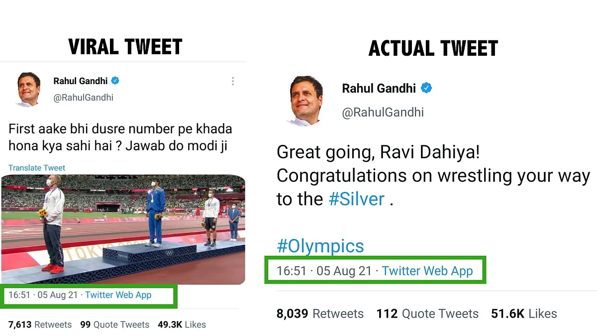 <div class="paragraphs"><p>Comparison between the viral tweet and an actual tweet of Gandhi.</p></div>