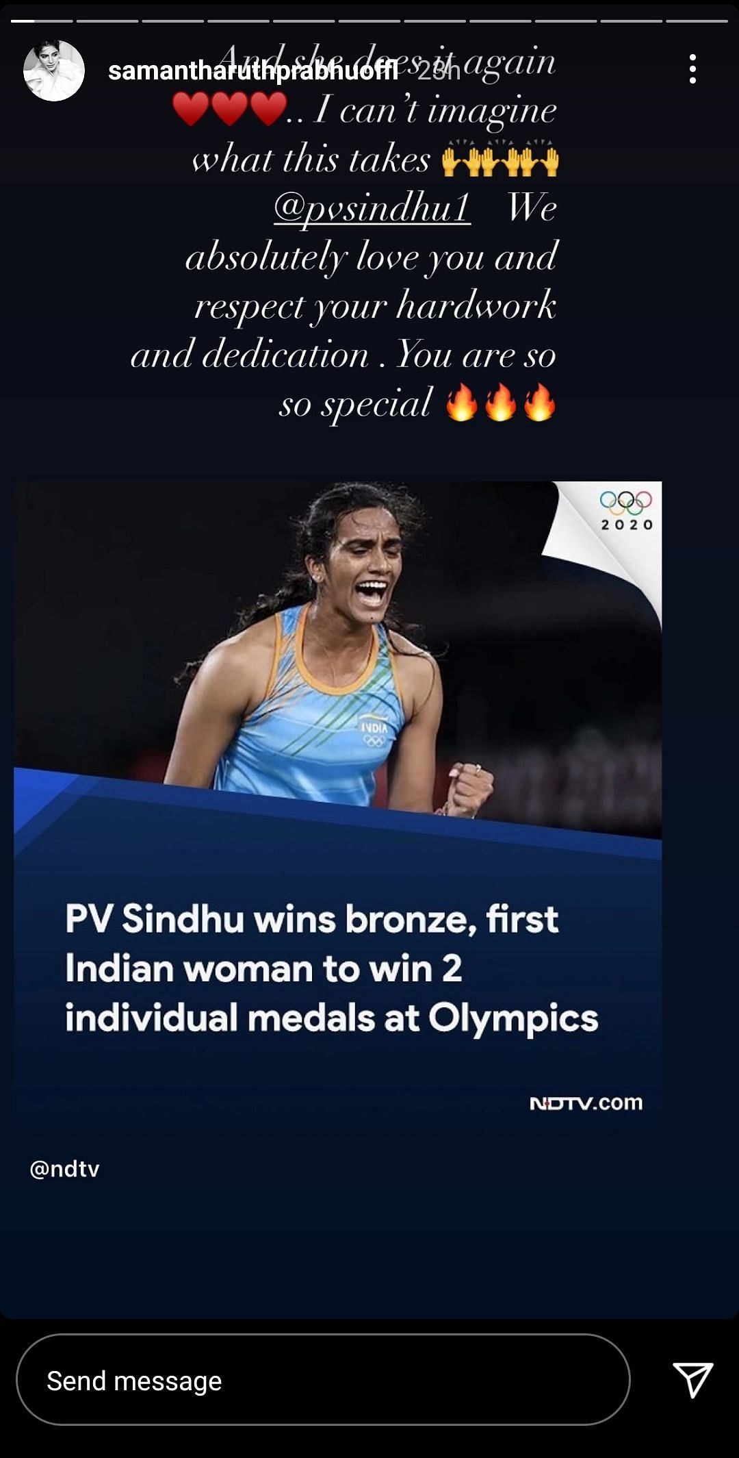 Taapsee Pannu, Arjun Kapoor, Samantha Prabhu also congratulated PV Sindhu and the Indian women's hockey team.