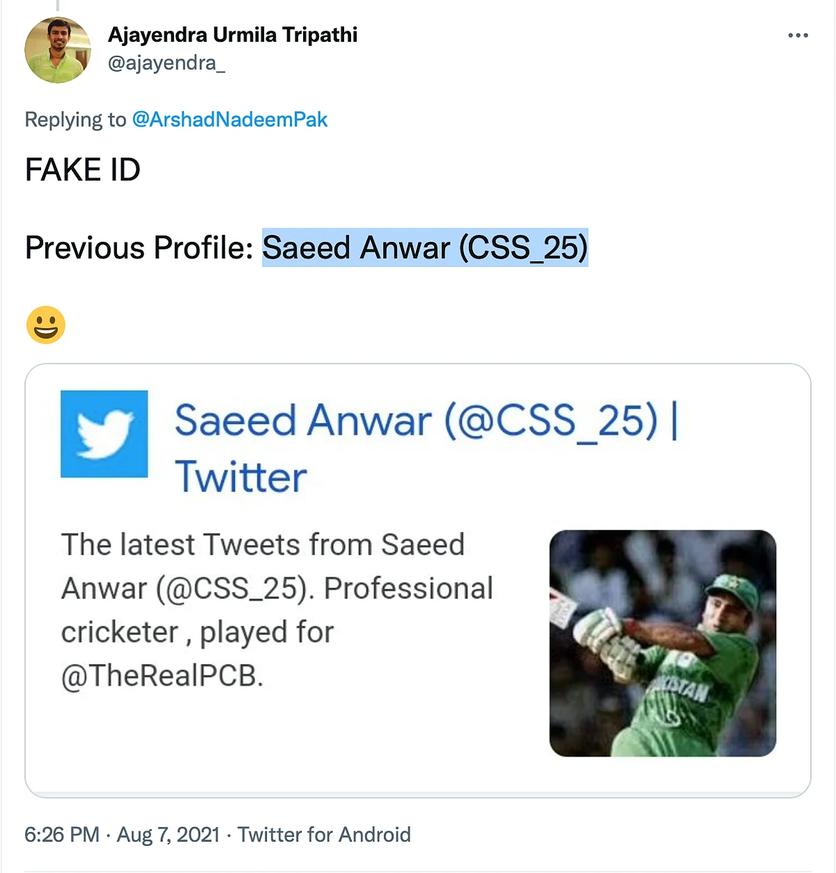 <div class="paragraphs"><p>Twitter user mentioned that the account was previously called Saeed Anwar. </p></div>