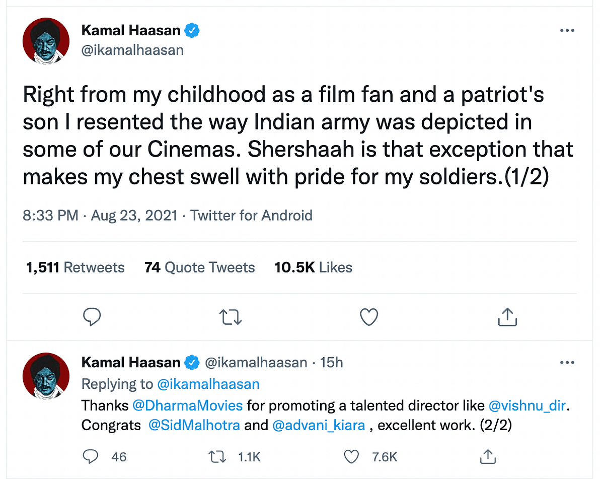 Kamal Haasan congratulated Sidharth Malhotra, Karan Johar & others for Shershaah's success. 