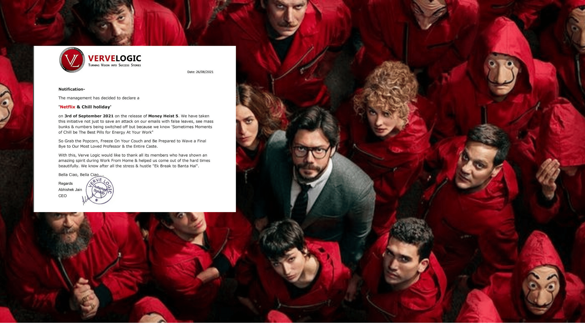 <div class="paragraphs"><p>Jaipur firm gives employees 'Netflix and Chill' holiday to watch Money Heist season 5 premiering on Netflix on 3 September.</p></div>