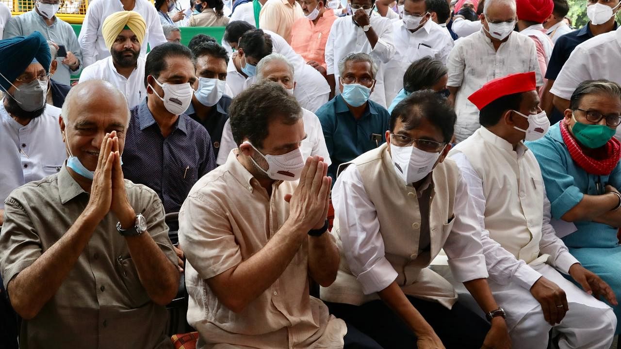 <div class="paragraphs"><p>Opposition leaders, including Congress MP Rahul Gandhi, joined the farmers protesting against the three contentious farm laws at Delhi's Jantar Mantar on Friday, 6 August.</p></div>