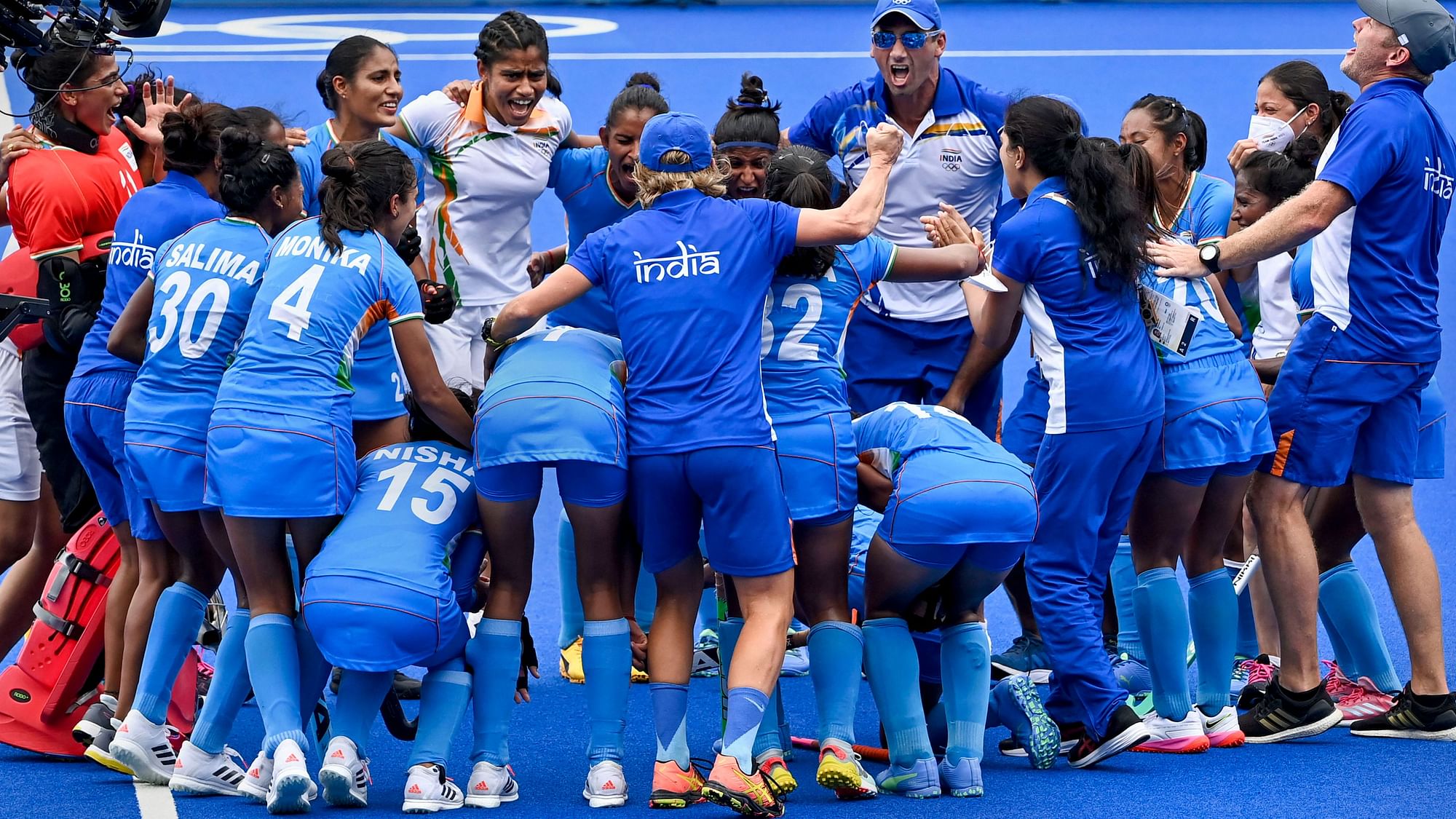 <div class="paragraphs"><p>Indian women's hockey team celebrate the QF win against Australia at the Tokyo Olympics.</p></div>