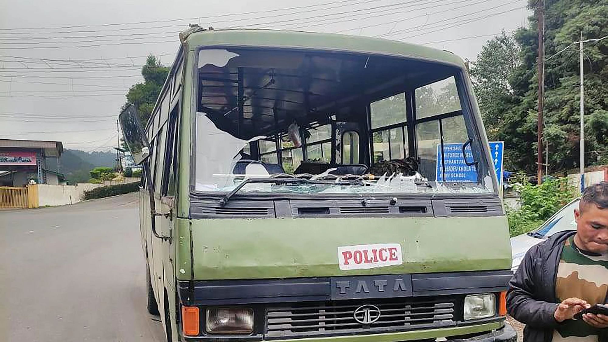 <div class="paragraphs"><p>A police vehicle vandalized by miscreants after the death of banned Hynniewtrep National Liberation Council (HNLC) former leader Cheristerfield Thangkhiew, during a search operation at his house for his suspected involvement in an IED blast incident, in Shillong, Monday, 16 August.</p></div>