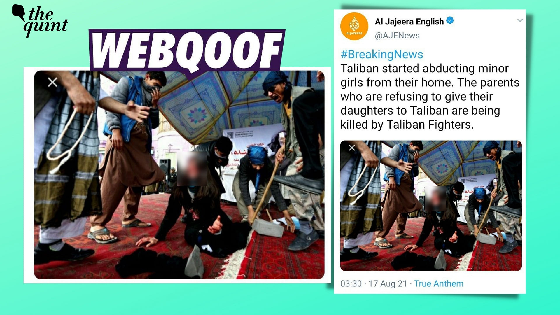<div class="paragraphs"><p>The altered photo claims to be a tweet from Al Jazeera's account and is being shared in the backdrop of Afghanistan crisis.</p></div>