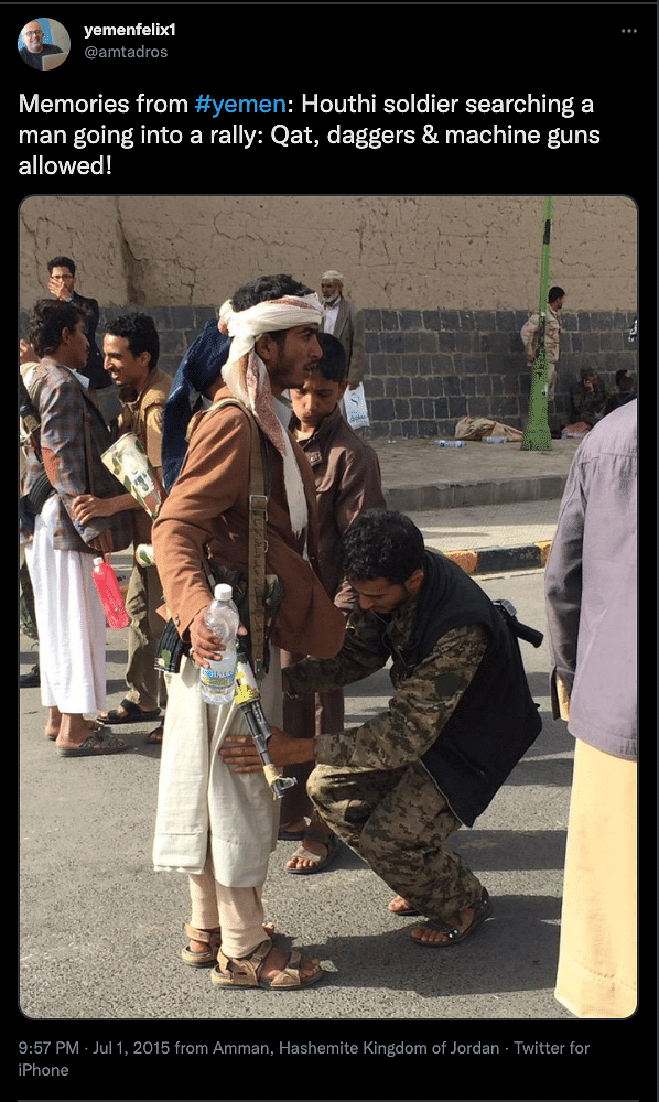 The photo of a Houthi soldier frisking a local was wrongly shared as security checks at an airport in Afghanistan.