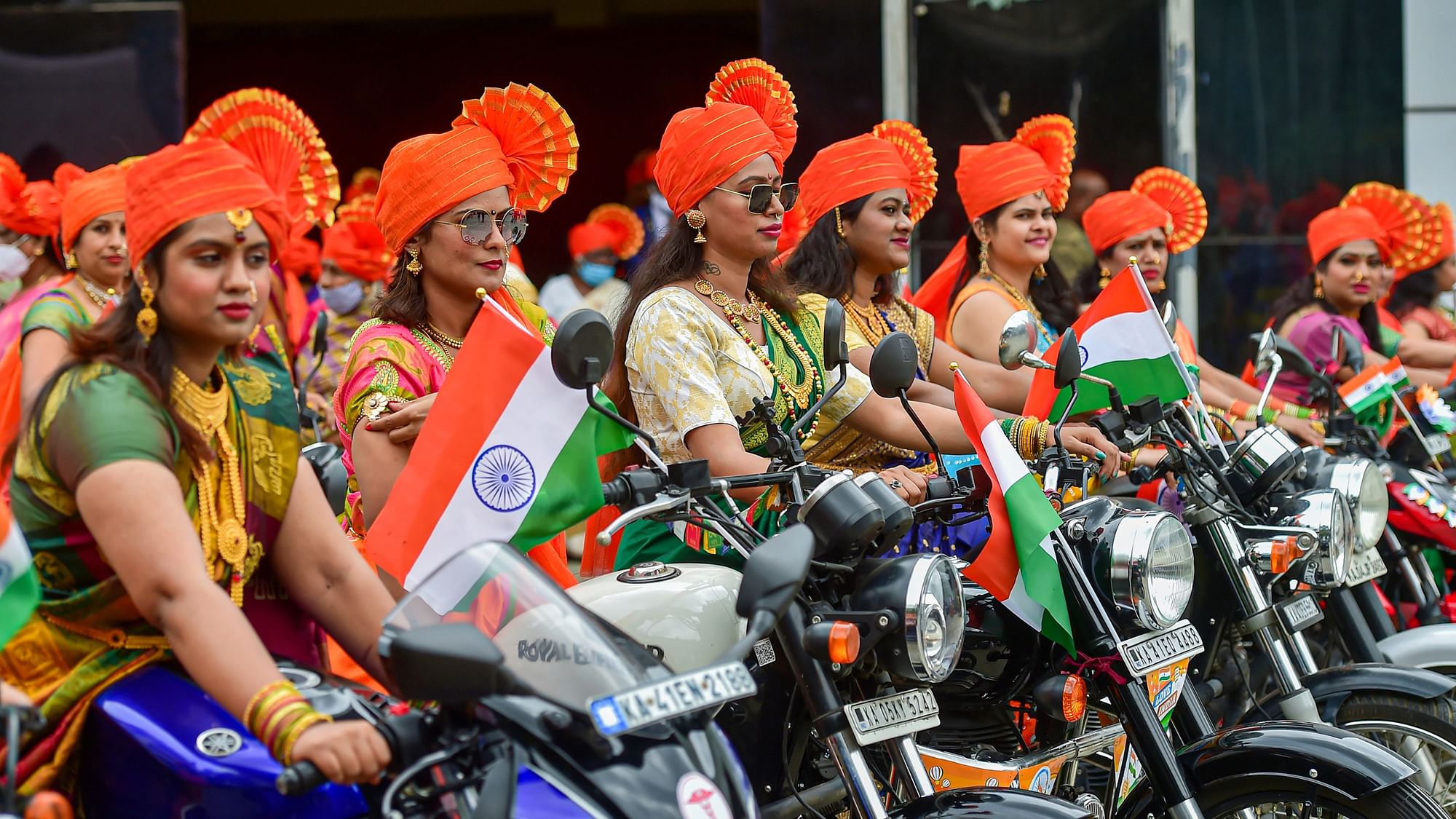 <div class="paragraphs"><p>Women bikers wear turbans and posing for a photo during 75th Independence Day celebrations in Bengaluru.</p></div>