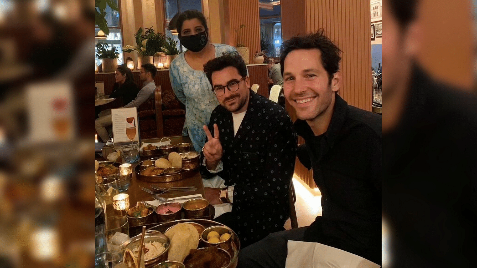 <div class="paragraphs"><p>Paul Rudd and Dan Levy got together to eat at an Indian restaurant in London called 'Darjeeling Express'.</p></div>