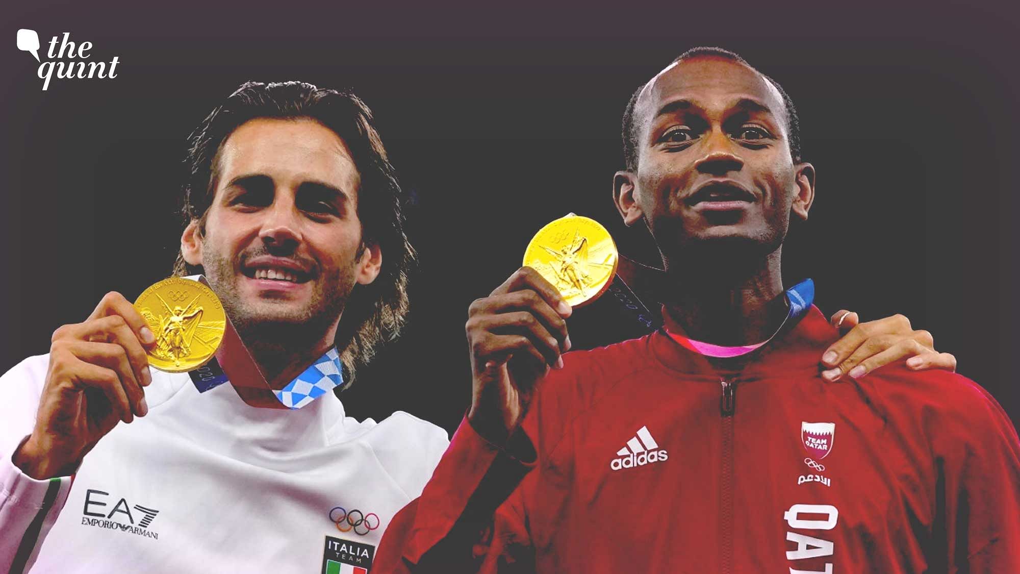 <div class="paragraphs"><p>Friends&nbsp;Mutaz Essa Barshim of Qatar and Gianmarco Tamberi of Italy chose to share the high jump gold medal.</p></div>