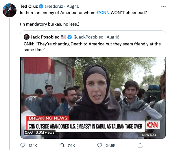 "Is there an enemy of America for whom CNN WON'T cheerlead? (In mandatory burkas, no less.)," Ted Cruz had tweeted.