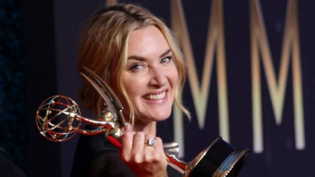 <div class="paragraphs"><p>Kate Winslet with her Emmy trophy for&nbsp;<em>Mare of Easttown.</em></p></div>