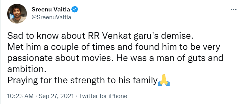 Producer RR Venkat was known for films like Don Seenu and Businessman.