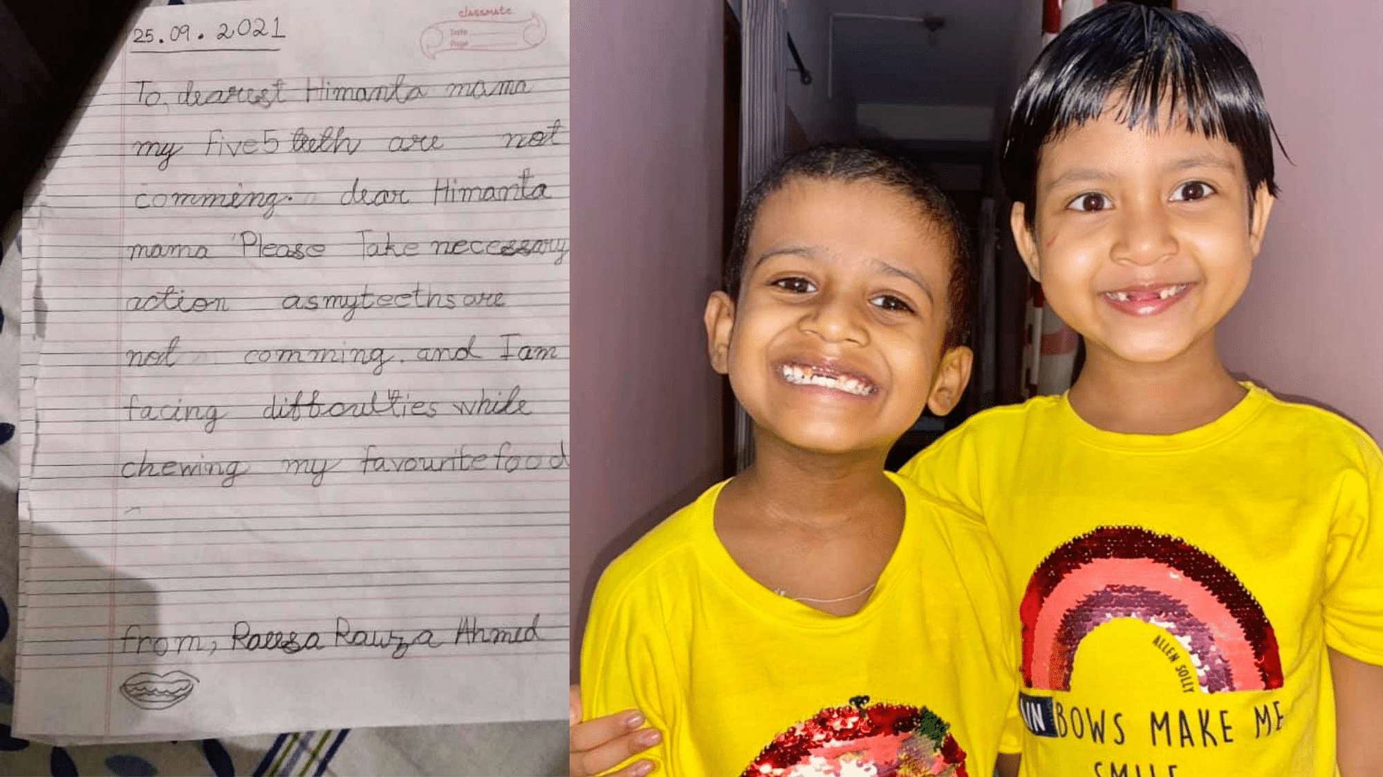 <div class="paragraphs"><p>(Left) Rawza's letter to Assam CM, (Right) Siblings Rawza and Aryan.</p></div>