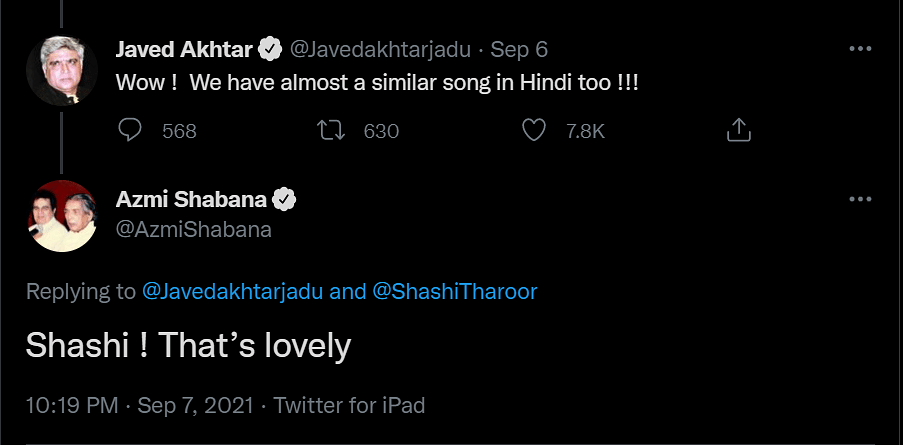 Shabana Azmi wrote that Javed Akhtar's reaction Shashi Tharoor's video was in jest.