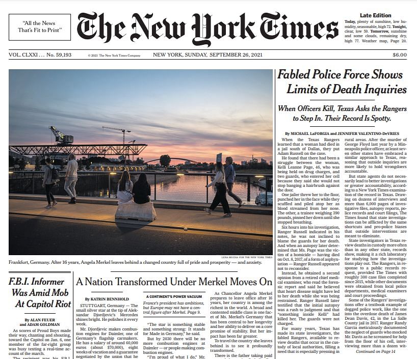 The New York Times didn't carry any story on Prime Minister Narendra Modi on its front page on Sunday.