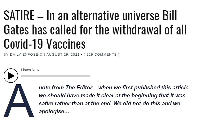 The viral claim on Bill Gates originated from a satirical post from an anti-COVID-19 vaccination website.