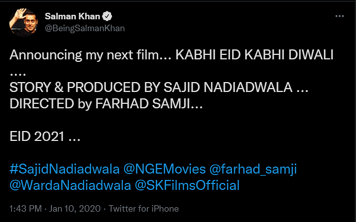Salman Khan and Pooja Hegde's film Kabhi Eid Kabhi Diwali will be directed by Farhad Samji.