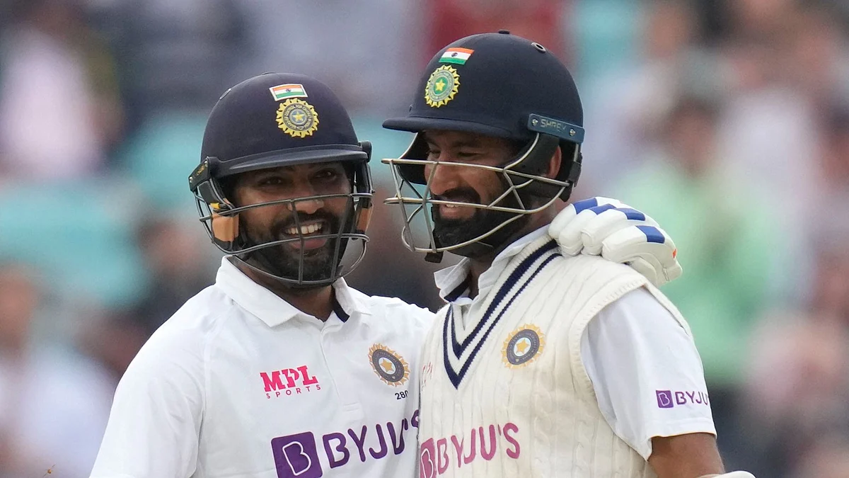 <div class="paragraphs"><p>India's Rohit Sharma celebrates scoring 100 runs with Cheteshwar Pujara on day three of the fourth Test at The Oval.</p></div>