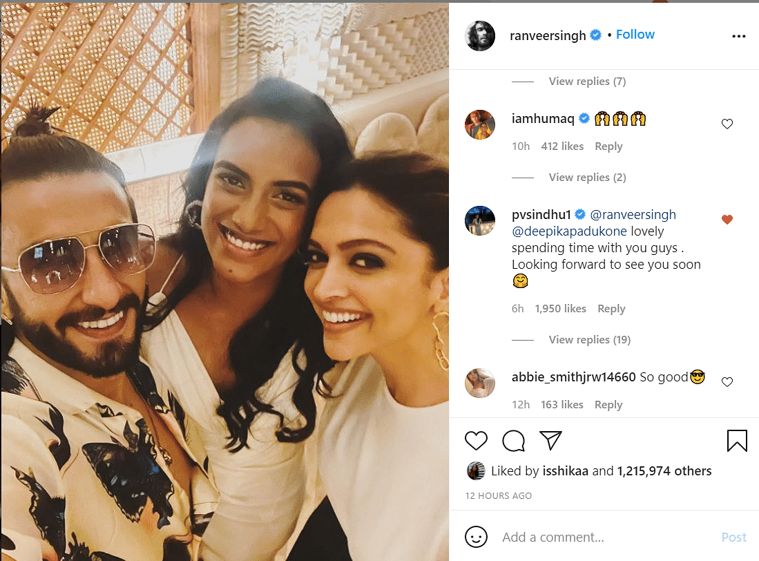 Ranveer Singh shared a picture with Deepika Padukone and PV Sindhu on social media.