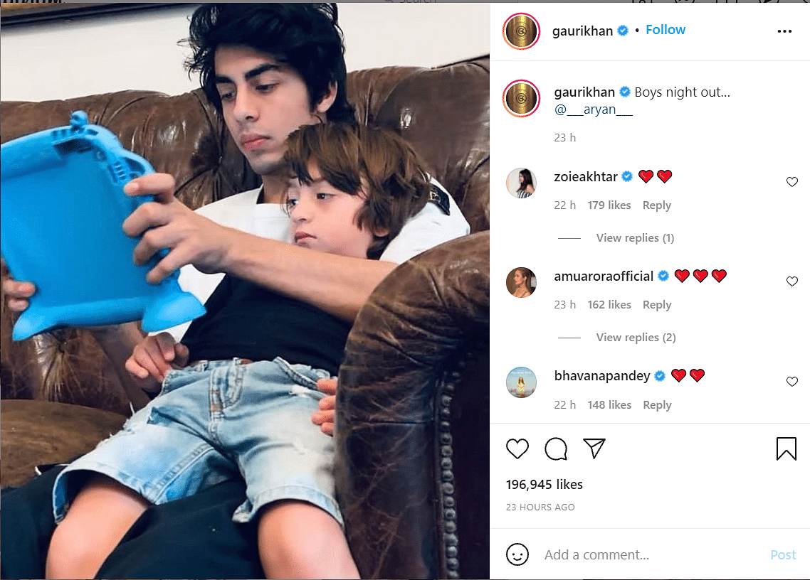 Gauri Khan posted a picture of sons AbRam and Aryan playing video games on the couch.