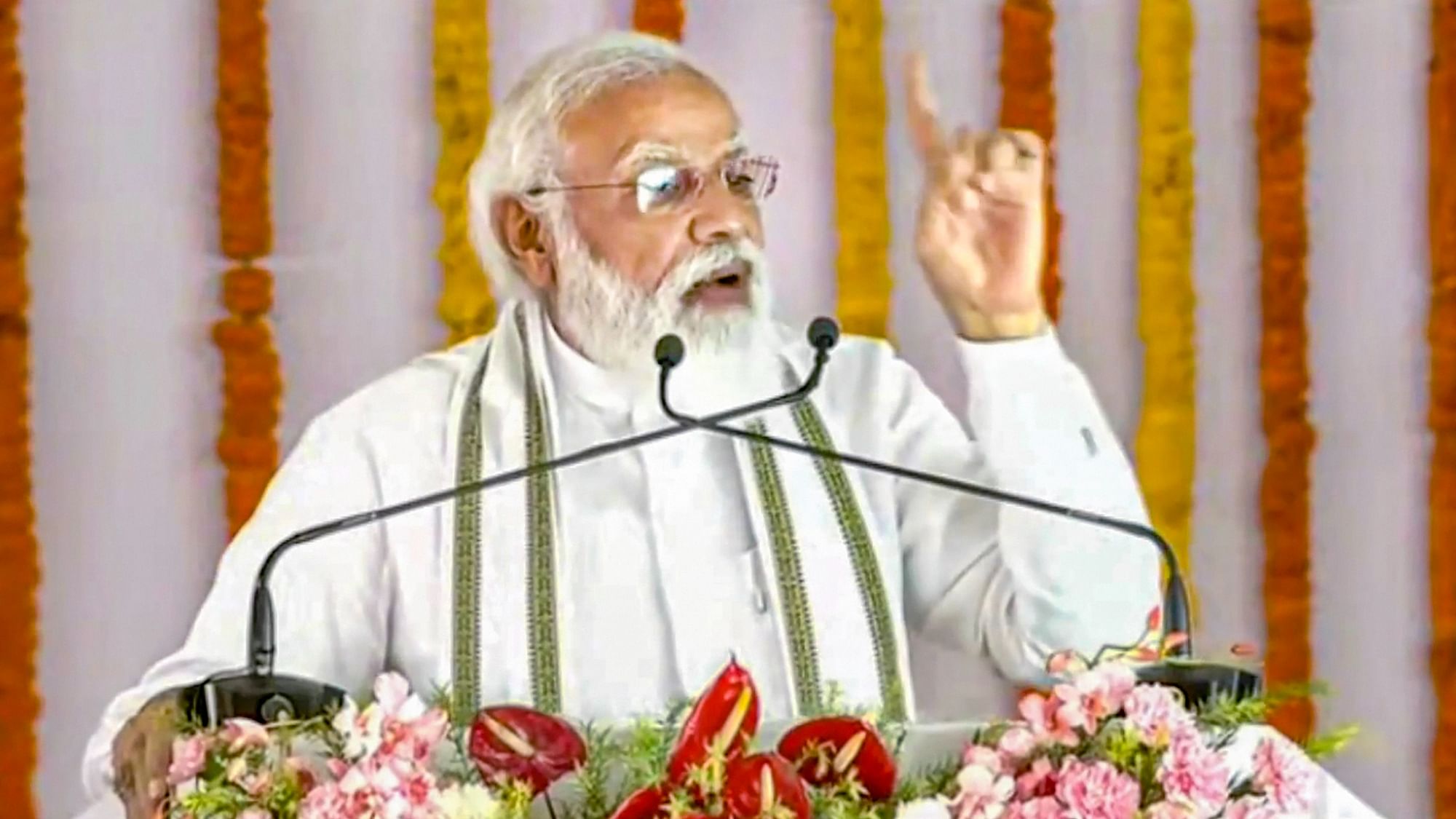 <div class="paragraphs"><p>Prime Minister Narendra Modi addresses the crowd during the foundation stone laying ceremony of Raja Mahendra Pratap Singh State University in Aligarh.</p></div>