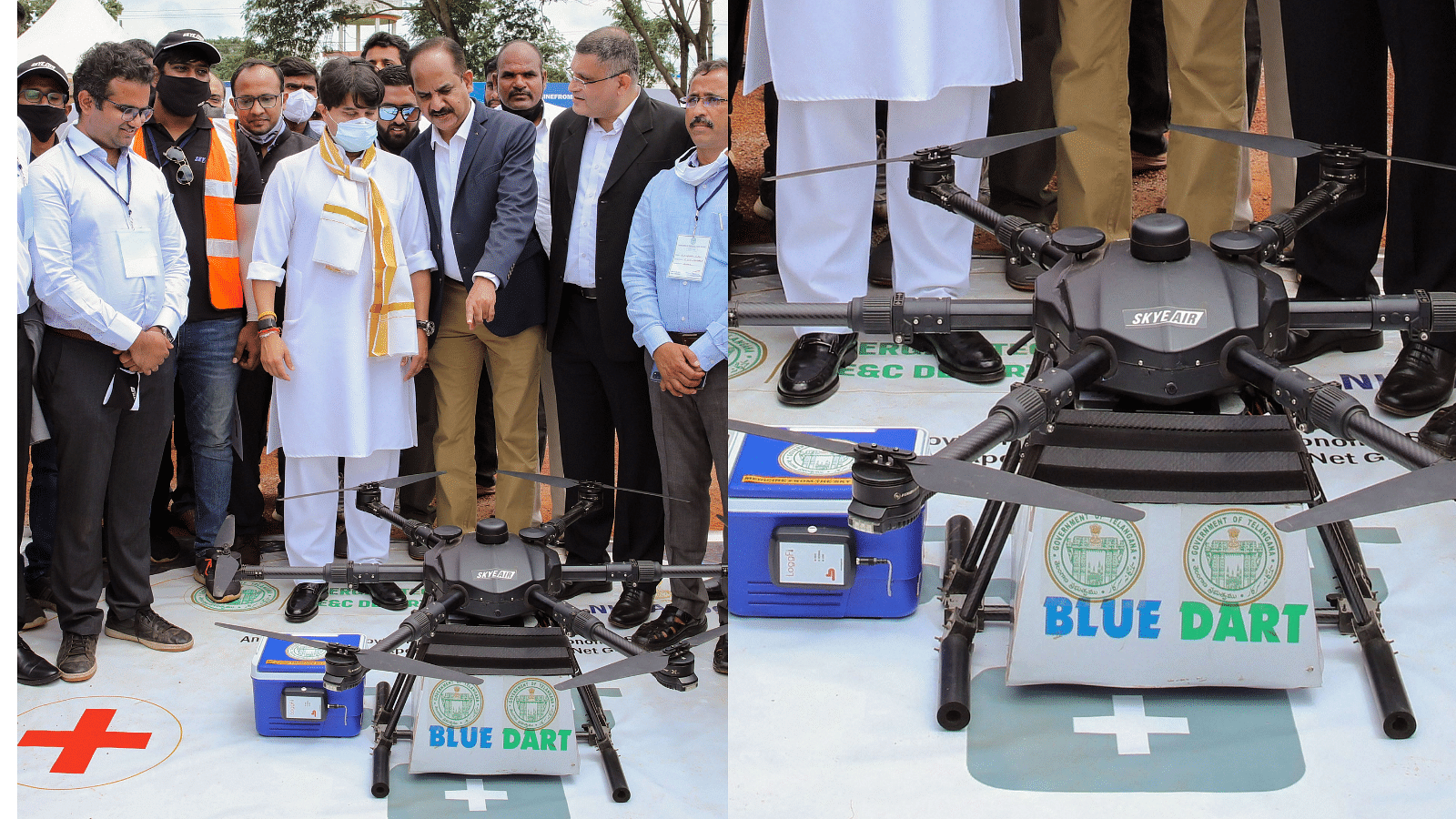 <div class="paragraphs"><p>Hyderabad: Civil Aviation Minister Jyotiraditya M Scindia and IT Minister KT Rama Rao and others witnesses the first ever delivery of medicines and jabs by drone in the Vikarabad district, Telangana.</p></div>